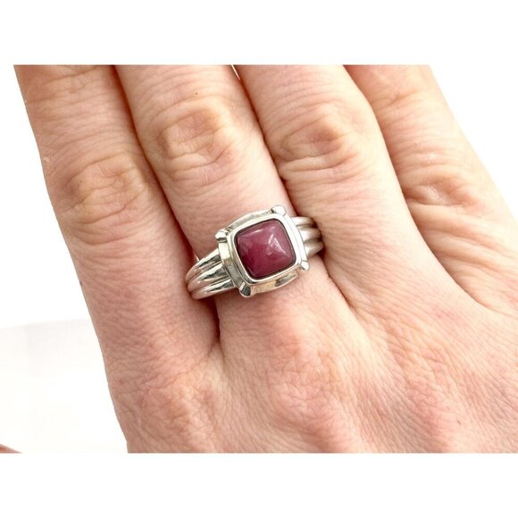 Red Agate Square Bezel Set Vintage Sterling Silver Ribbed Cabochon Ring - sz 9 - Picture 9 of 10